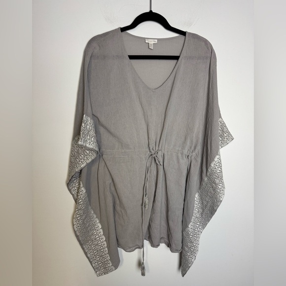 Garnet Hill Kaftan Tunic Top Beach Coverup Crinkle Cotton Gray Embroidery S - Picture 2 of 9